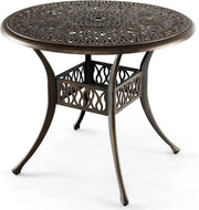 Tavolo Bistrò Rotondo da Giardino e Balcone, φ90 cm, con Foro per Ombrellone φ5 cm, Tavolino da Caffè in Metallo Resistente alle Intemperie, Colore Bronzo