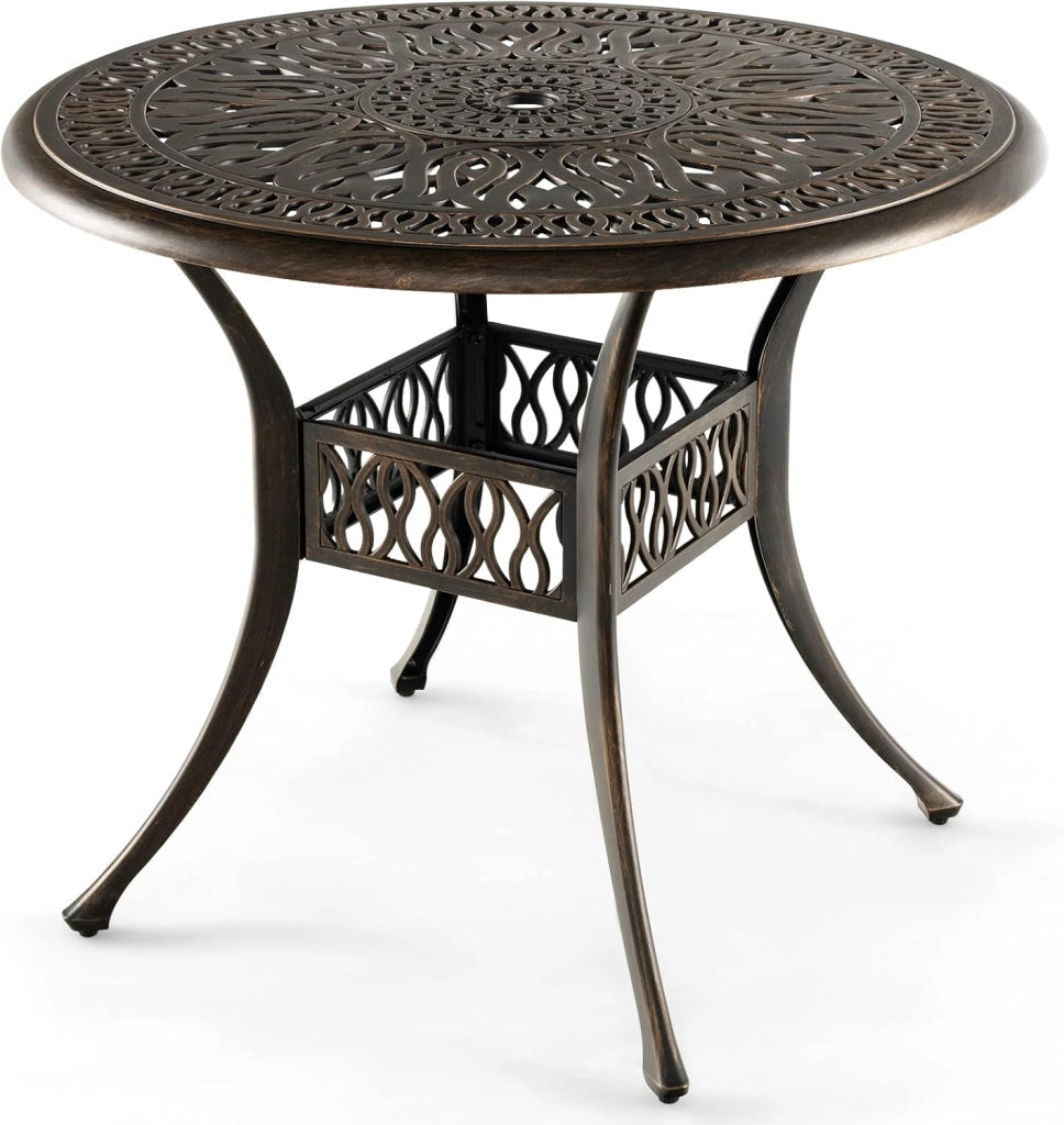 Tavolo Bistrò Rotondo da Giardino e Balcone, φ90 cm, con Foro per Ombrellone φ5 cm, Tavolino da Caffè in Metallo Resistente alle Intemperie, Colore Bronzo