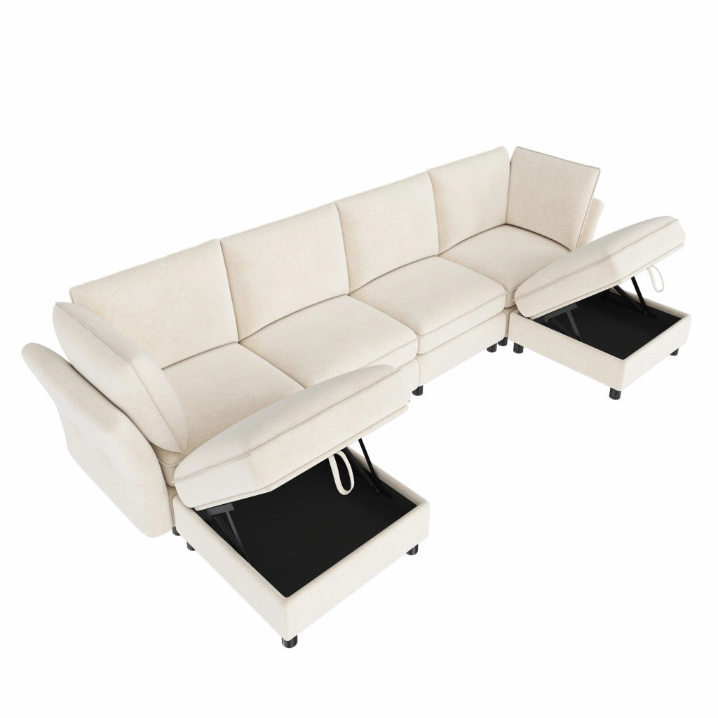 Divano modulare a U 6–7 posti con pouf contenitore, tessuto Chenille, Beige