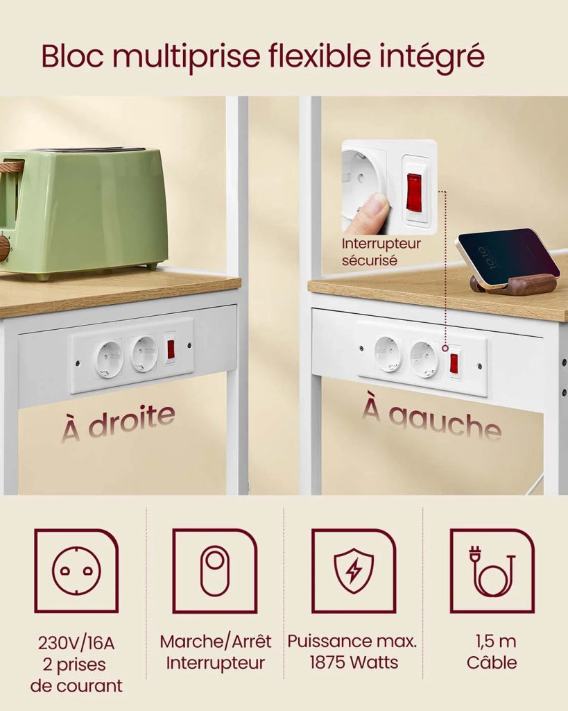 Mensola da cucina con multipresa bancone da caffè a 4 ripiani con ripiano regolabile supporto per microonde portarotolo di carta 40 x 60 x 140 cm marrone rustico e nero inchiostro 12_0005660