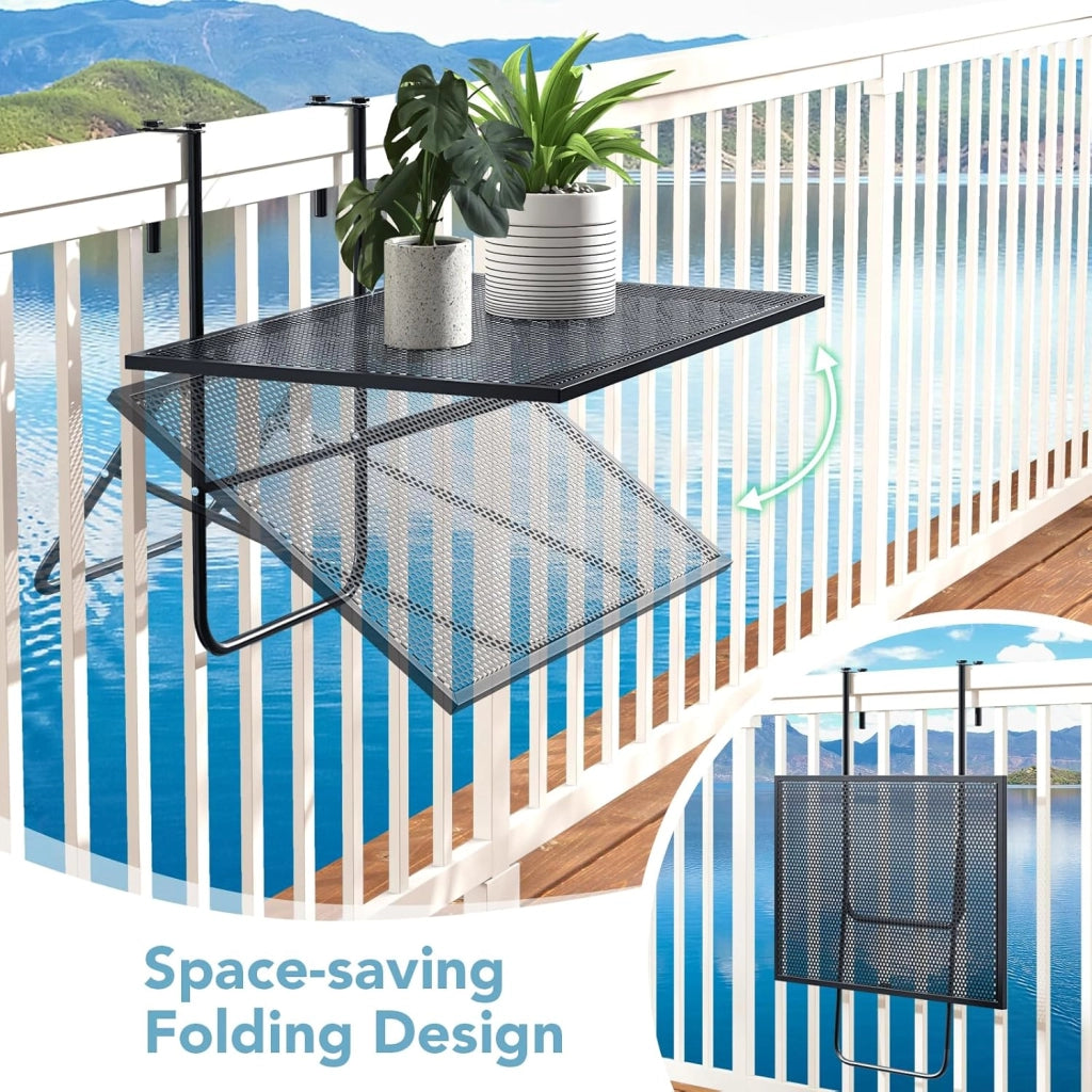 Tavolo da Balcone Appeso, Tavolo Pieghevole per Ringhiere fino a 6 cm di Spessore, Tavolino Salvaspazio per Ringhiere Esterne con Telaio in Metallo per Patio, Portico, Terrazza, Nero