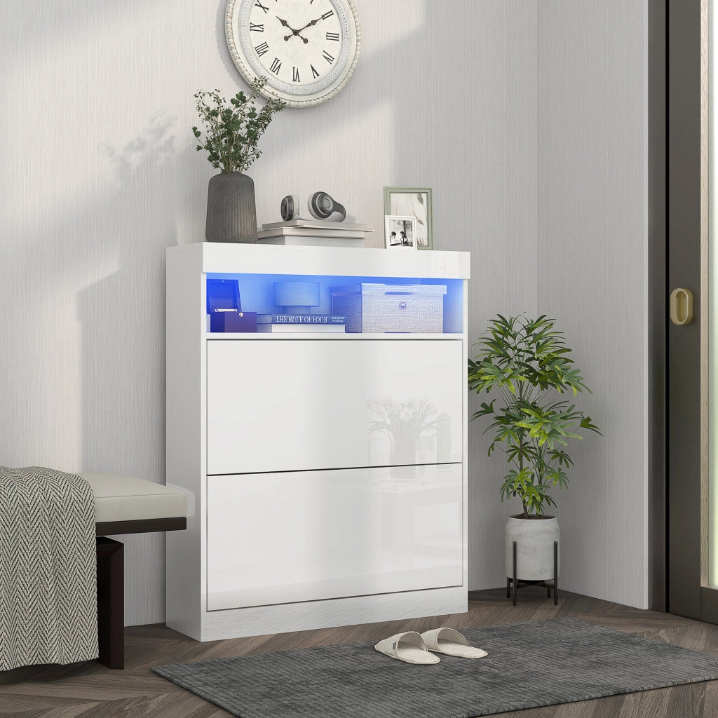 Armadio per scarpe con 2 ante e luci LED ¨C zephmum ¨C Bianco brillante 80x24x99,5 cm