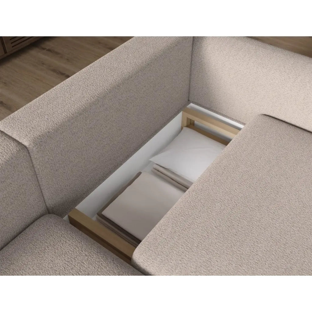 Divano ad angolo convertibile ARVESSA beige sabbia – Angolo sinistro con contenitore