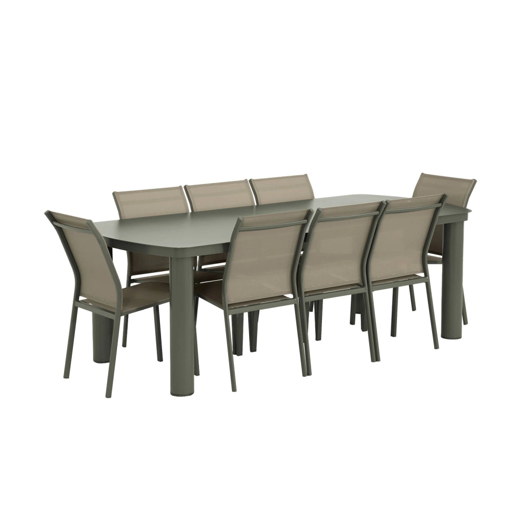Set tavolo da giardino in alluminio con 8 sedie, verde kaki