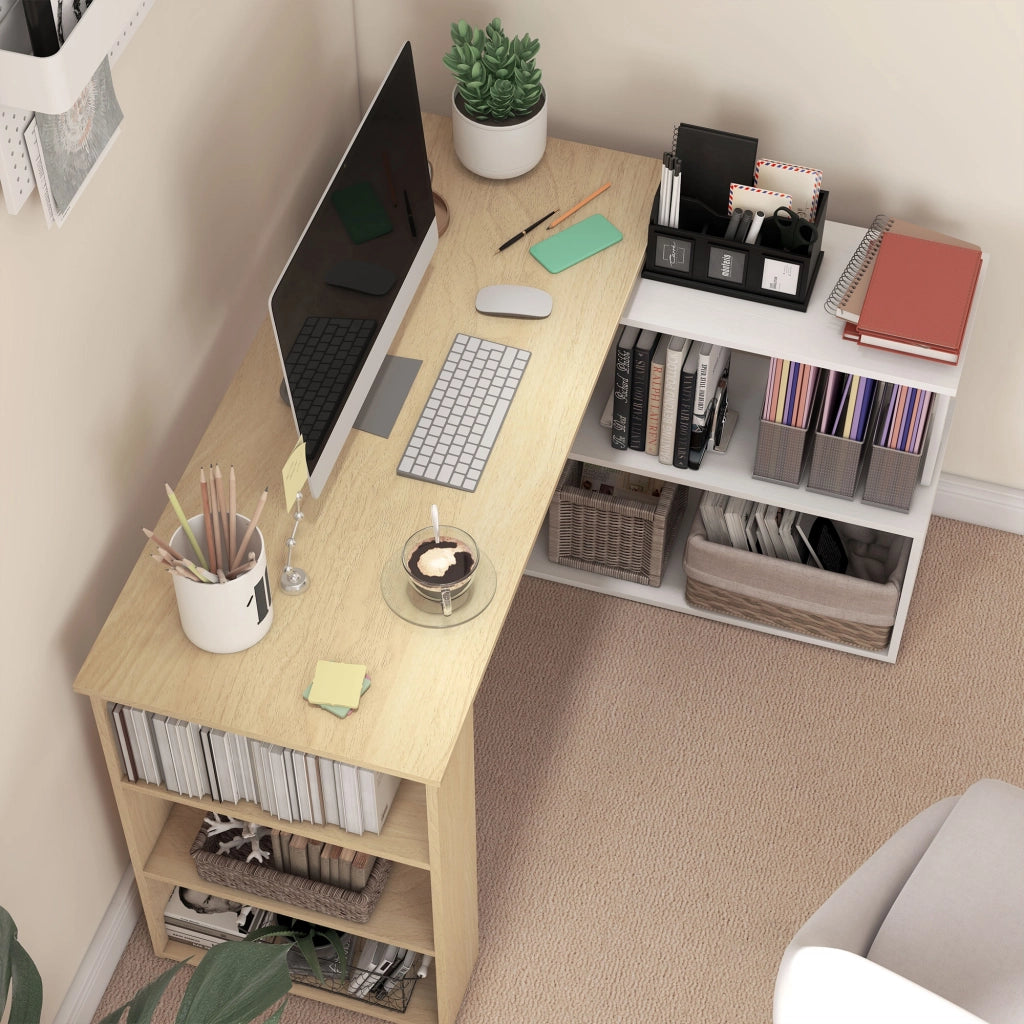 Scrivania angolare con libreria e scaffali ¨C zephmum ¨C bianco e legno naturale