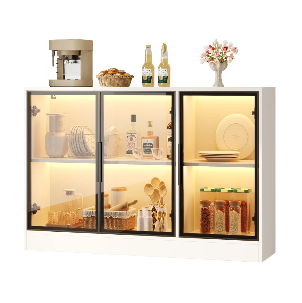 Vetrina in legno truciolare 120 x 30 x 73 cm bianca con frontali in vetro grigio e LED