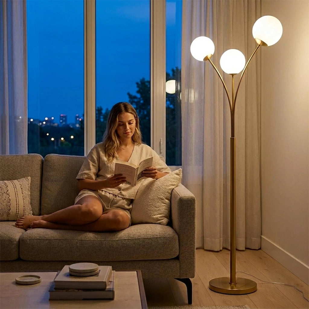 Piantana da Terra a 3 Luci Sfera G9 Lampada di Design per Interni Bronzo con Interruttore a Pedale Luce Salotto Soggiorno 230V