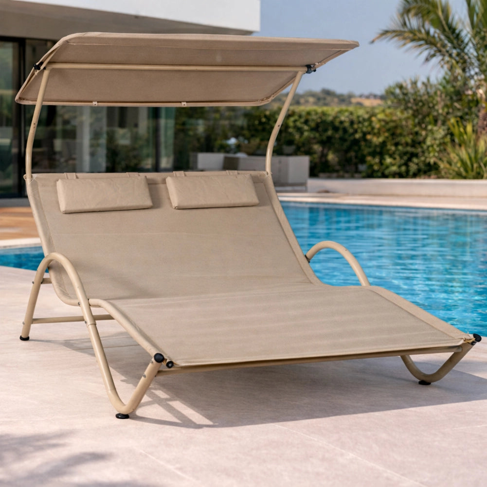 Lettino Lounge 2 Posti da Esterno Sabbia Tetto Parasole Anti UV Giardino Patio