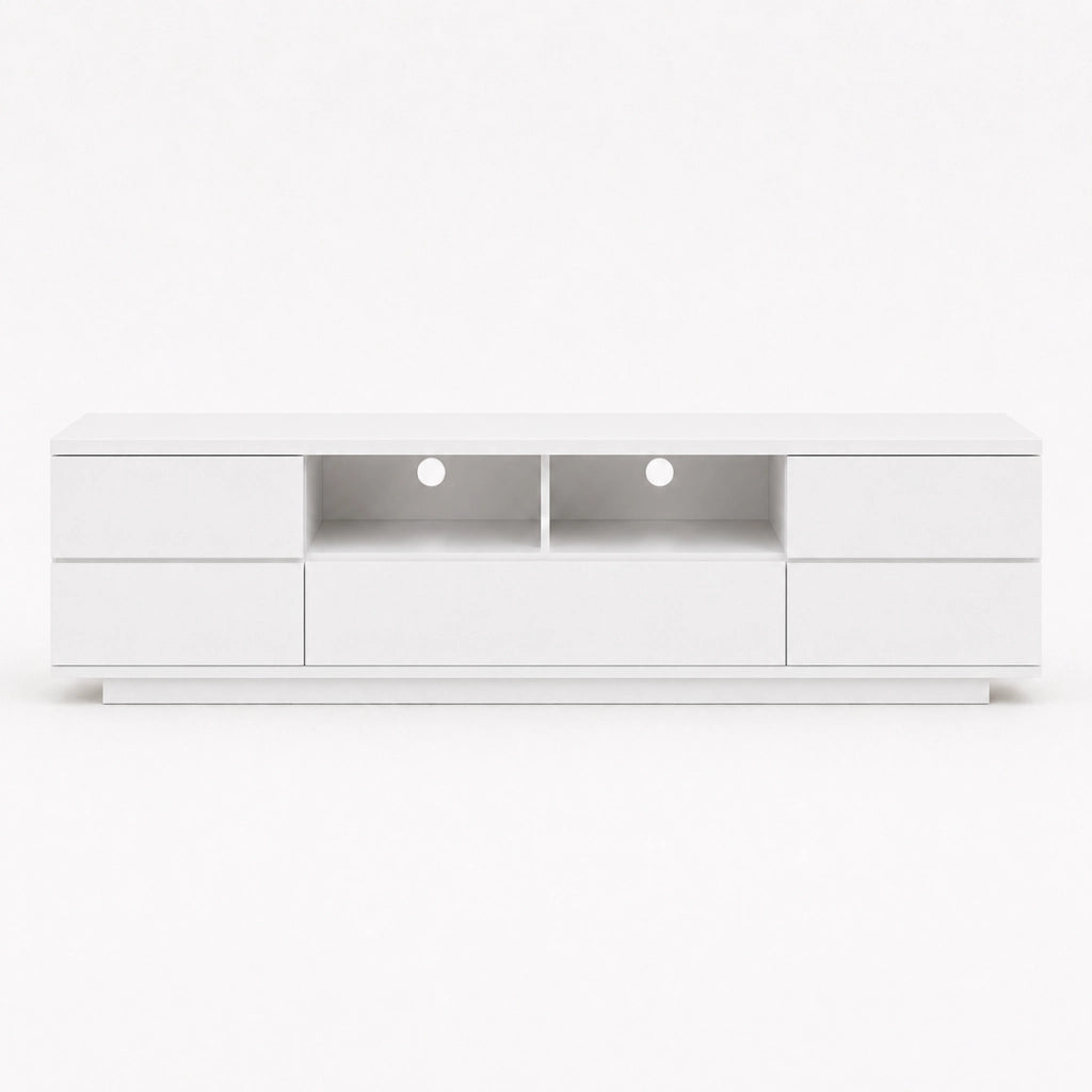 Mobile Porta TV Bianco Con 4 Ante 1 Anta A Ribalta 2 Vani A Giorno Con Passacavi Design Moderno In MDF Mobile Per Soggiorno Salotto Zona Living 180 x 38 x 46 Cm