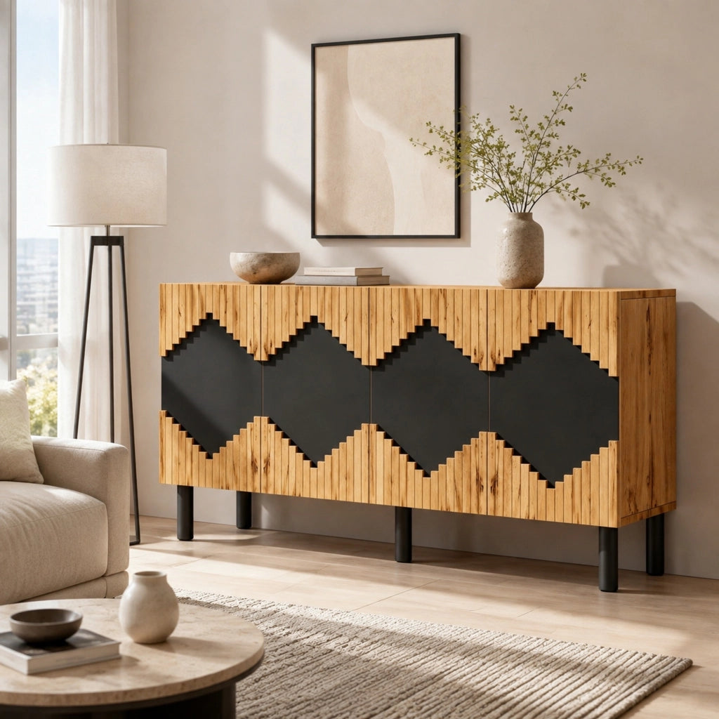 Credenza contenitore 140x40x70 cm in MDF e truciolare; ante push-open; legno naturale e nero