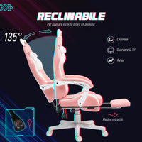 Sedia da Gaming Ergonomica con Orecchie da Gatto Poggiapiedi Retrattile e Schienale Reclinabile 135° Rosa
