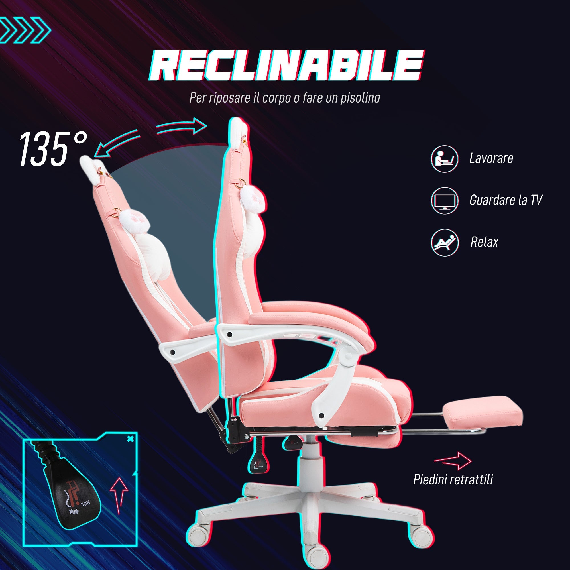 Sedia da Gaming Ergonomica con Orecchie da Gatto Poggiapiedi Retrattile e Schienale Reclinabile 135° Rosa