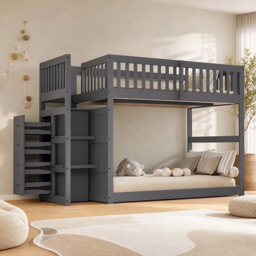 LETTO A CASTELLO BASSO 140x200 cm in legno grigio con scala e 4 cassetti