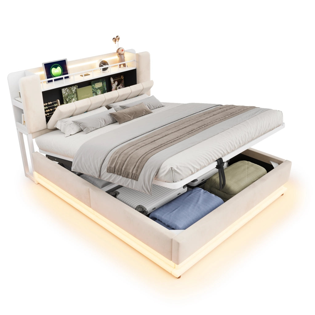 Letto imbottito 160x200 con contenitore idraulico; LED e porte USB; velluto beige