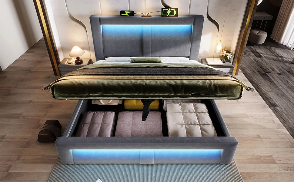 Letto contenitore matrimoniale 140 × 200 cm con LED regolabile, USB, Type-C e materasso, velluto grigio