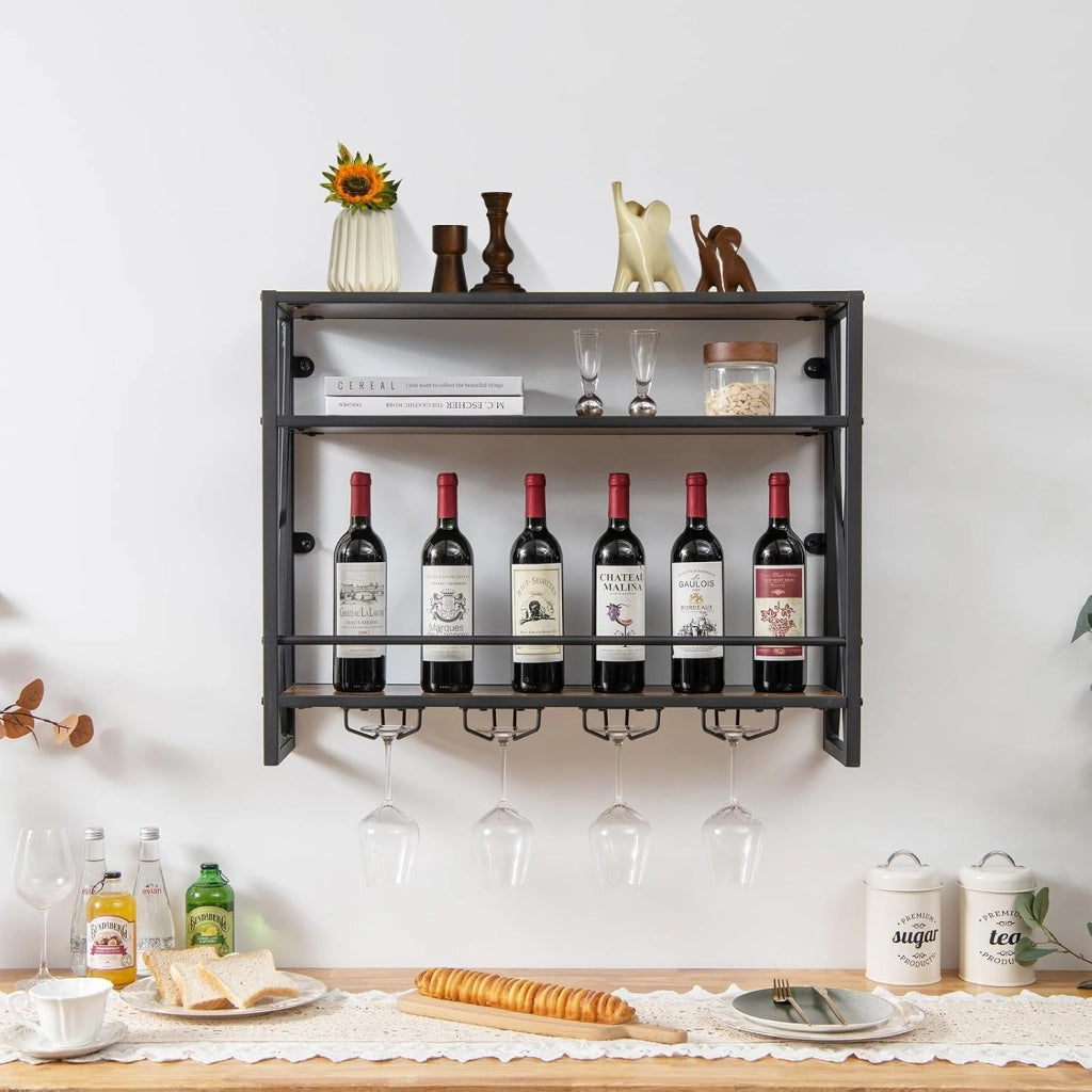 Portabottiglie per Vino da Parete Industriale, Scaffale di Stoccaggio per Vino a Parete a 2/3 Livelli con Porta Calici, in Metallo, per Casa, Bar, Cucina, Ristorante (80 x 20 x 63 cm)