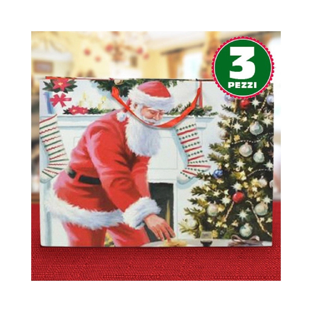 Trade Shop - 3 Buste Da Regalo Stampa Babbo Natale Classico Con Manici Rossi 40x20x55cm -