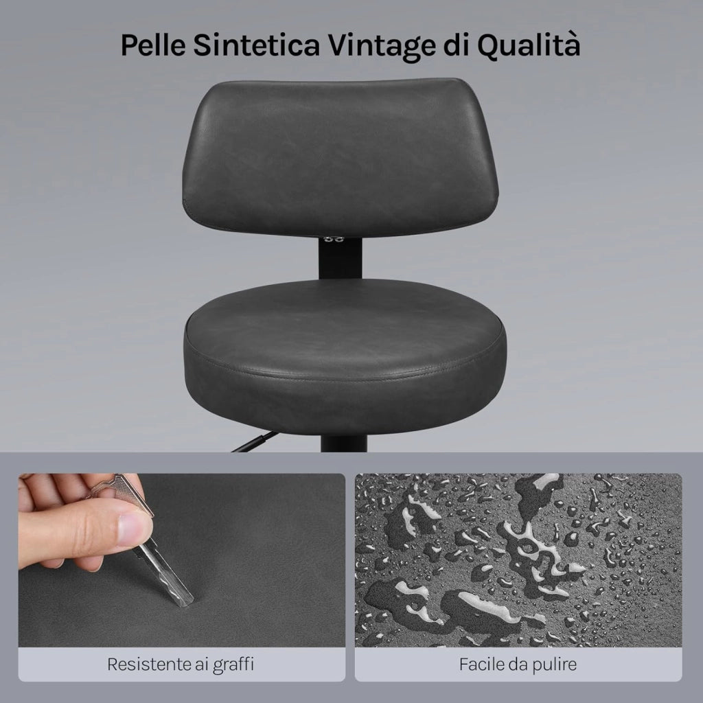 Sgabelli Cucina Set di 2, Girevoli a 360° e Regolabili in Altezza, Sedie da Bar con Schienale e Poggiapiedi, in Pelle Sintetica e Metallo, per Cucina, Bar, Ristorante, Antracite