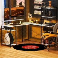 Scrivania Angolare con Presa Elettrica e USB, Scaffale e Supporto per Monitor, Bianco e Nero