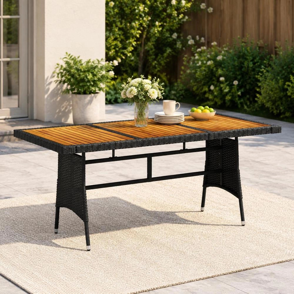 Garden Table Black 160x70x72cm Poly Rattan & Solid Acacia Wood