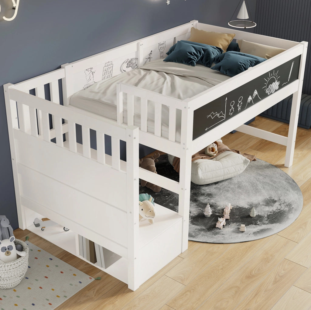 Letto a soppalco 90x200 cm con scala contenitore e lavagna in legno bianco