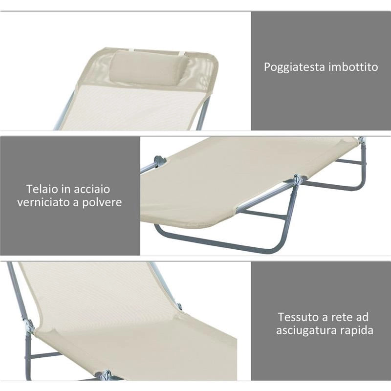 SET 2 LETTINI PRENDISOLE PIEGHEVOLI CON SCHIENALE RECLINABILE A 4 LIVELLI, METALLO E TESSUTO A RETE, BEIGE