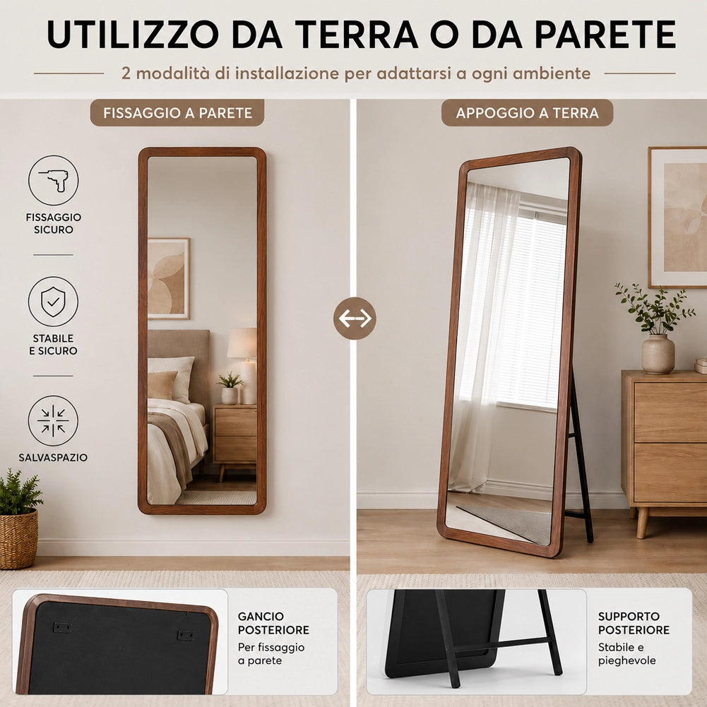 Specchio Doppia Installazione Rovere Parete o Indipendente Moderno 160x50 cm