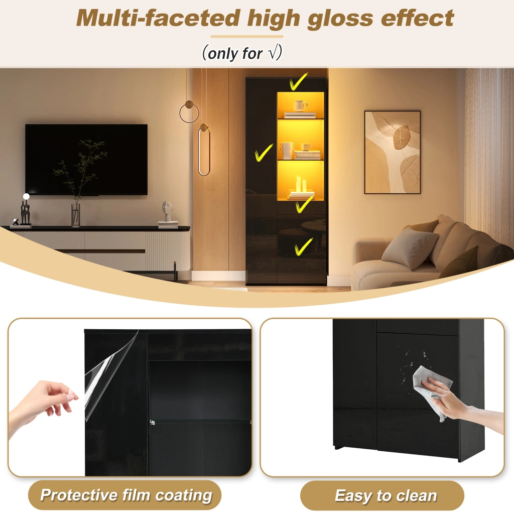 Vetrina con 1 cassetto 2 ante e vani aperti LED controllati da app per soggiorno in truciolare nero 70 × 35 × 180 cm