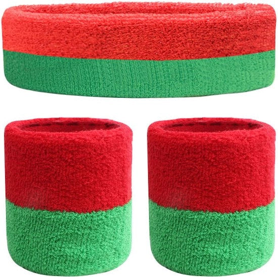 Set di fascia sportiva fascia frontale fascia polsiere fascia di spugna per allenamento fascia di spugna per pallacanestro fascie frontali assorbenti di sudore con trattamento impermeabilizzante tessuto di cotone a strisce di sudore - rosso e verde
