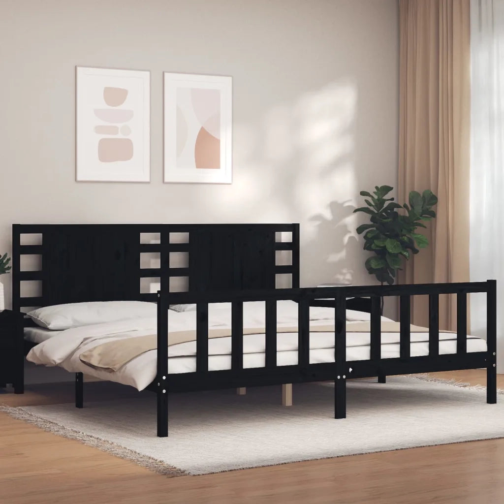 Giroletto con Testiera-Struttura Letto con testiera Nero 200x200 cm in Legno Massello 112553