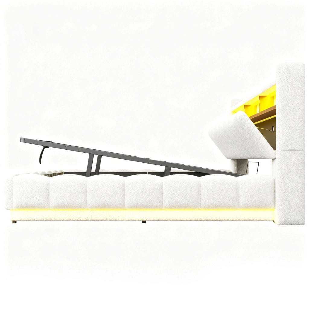 LETTO Contenitore 180x200 cm Bianco in tessuto boucl¨¦ con LED e USB