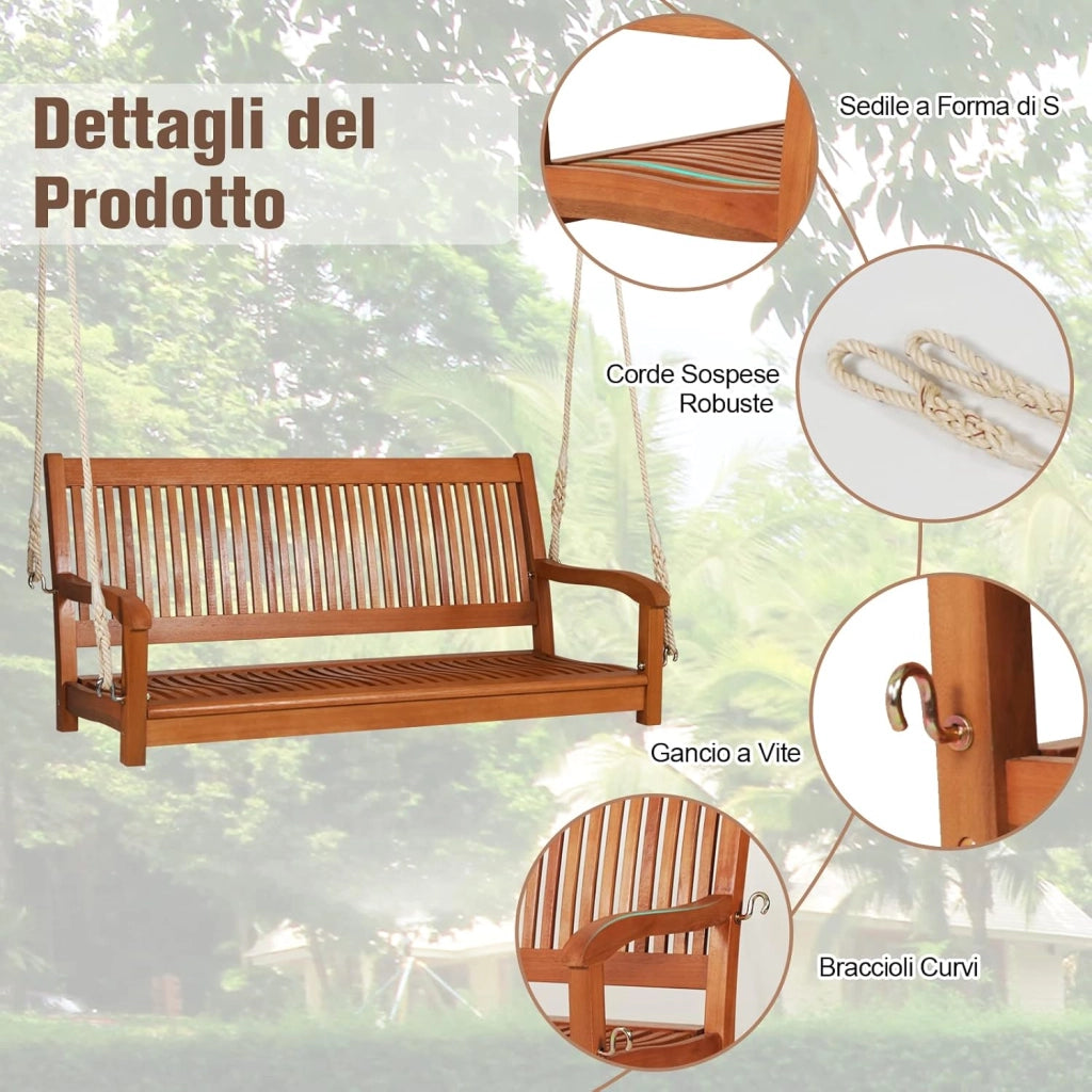Dondolo Sospeso da Esterno con 2 Posti, Panca Altalena in Legno di Eucalipto con 2 Corde, Carico Massimo 360 kg, Ideale per Portico, Cortile e Balcone, 126 x 62 x 60 cm