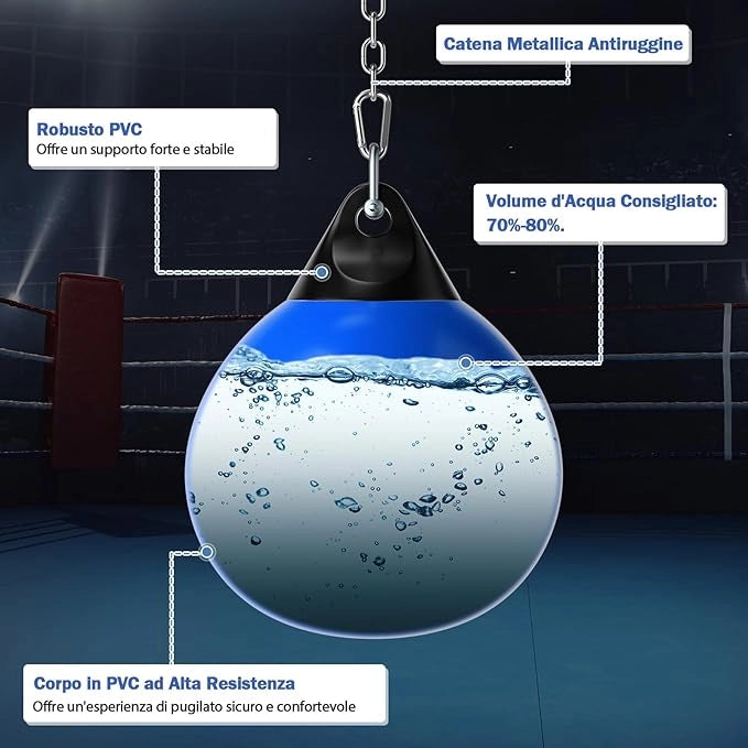 Sacco da Boxe per Bambini ed Adulti 50 kg, Sacco da Boxe ad Acqua con Catena Metallica Regolabile, Ganci, Fibbie di Assicurazione e Tubo dell’Acqua