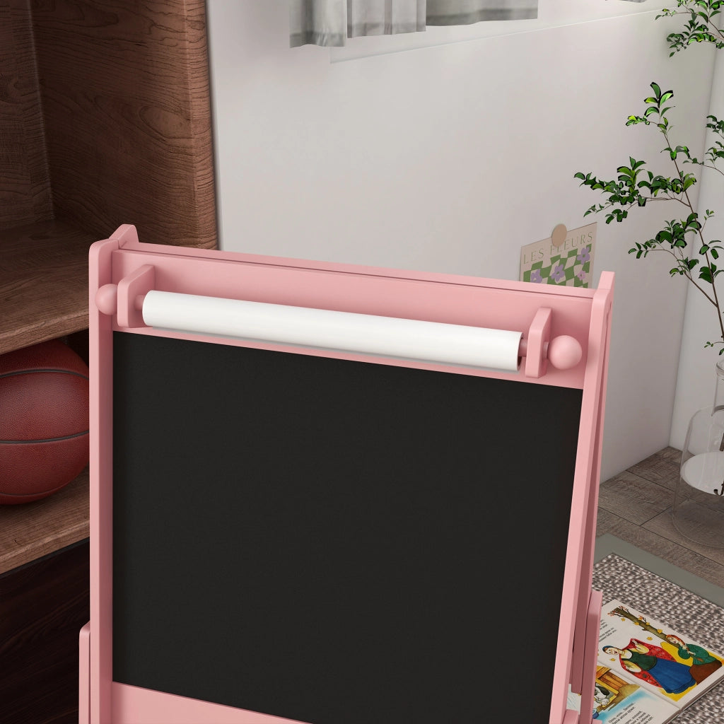 Cavalletto per Bambini 3 in 1 ¨C Xylo ¨C Doppia Faccia con Rotolo Carta e 2 Cestini, Rosa 54x46,5x93cm
