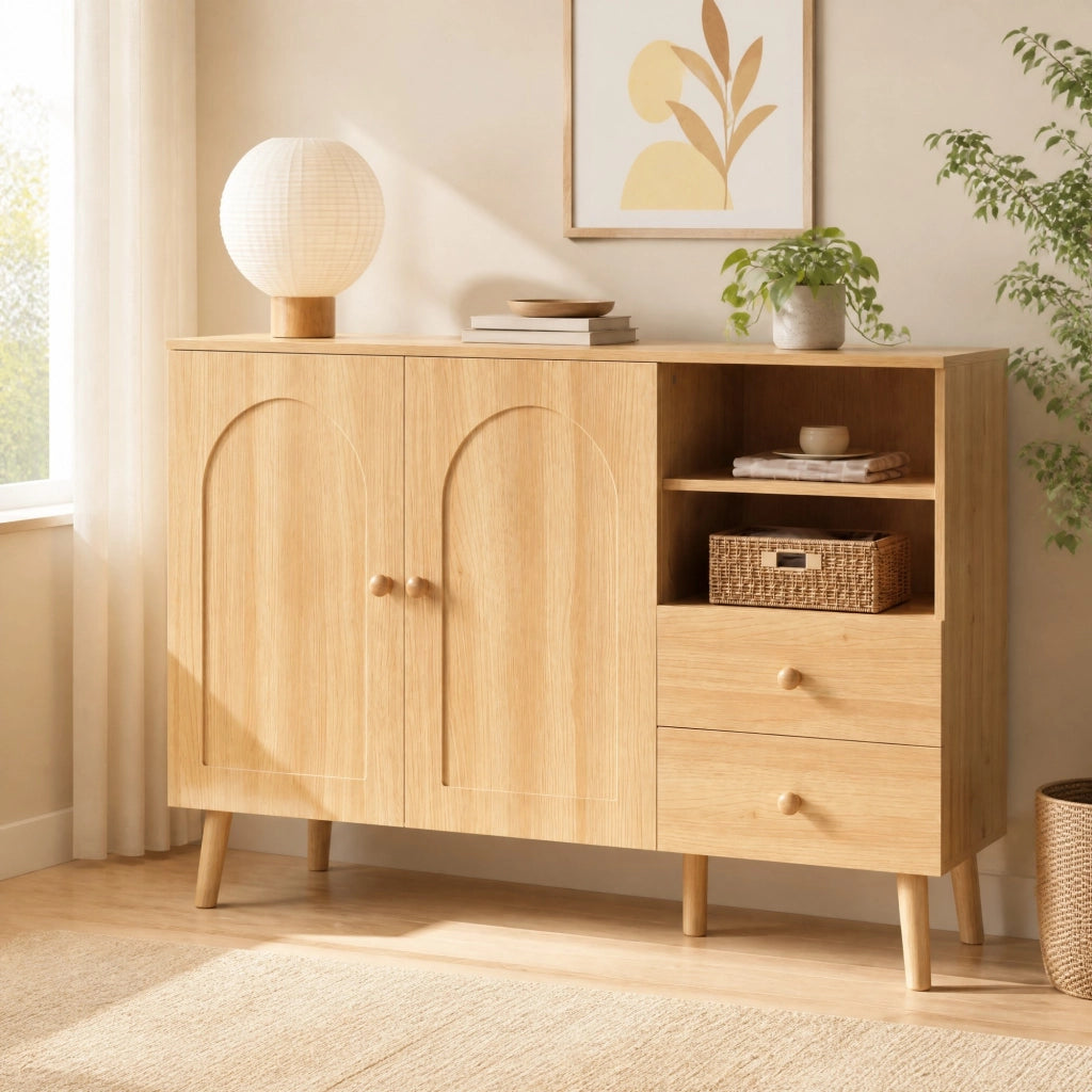 Credenza e madia con 2 ante 2 cassetti e vani aperti per soggiorno sala da pranzo e ingresso naturale 118 × 35 × 82 cm