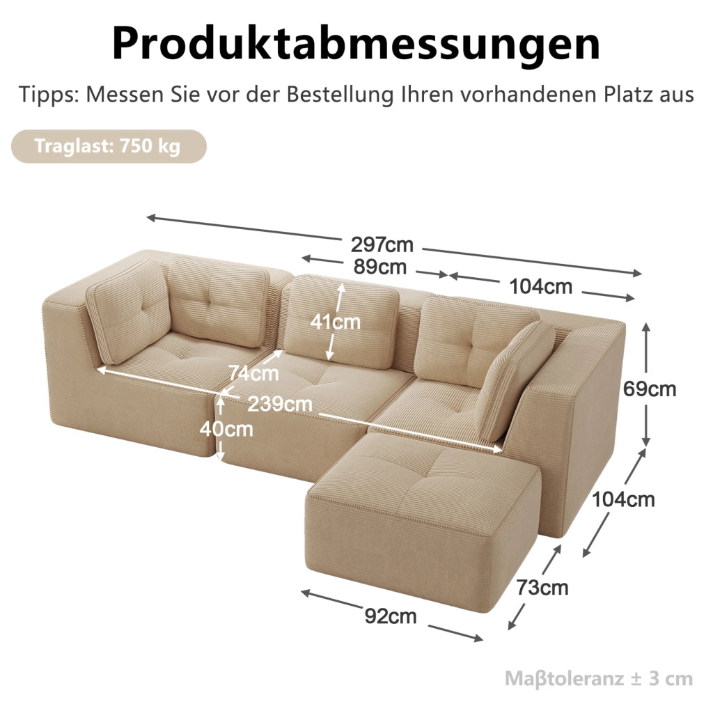 Divano angolare modulare in corduroy beige 297x177x69 cm; con ampi braccioli