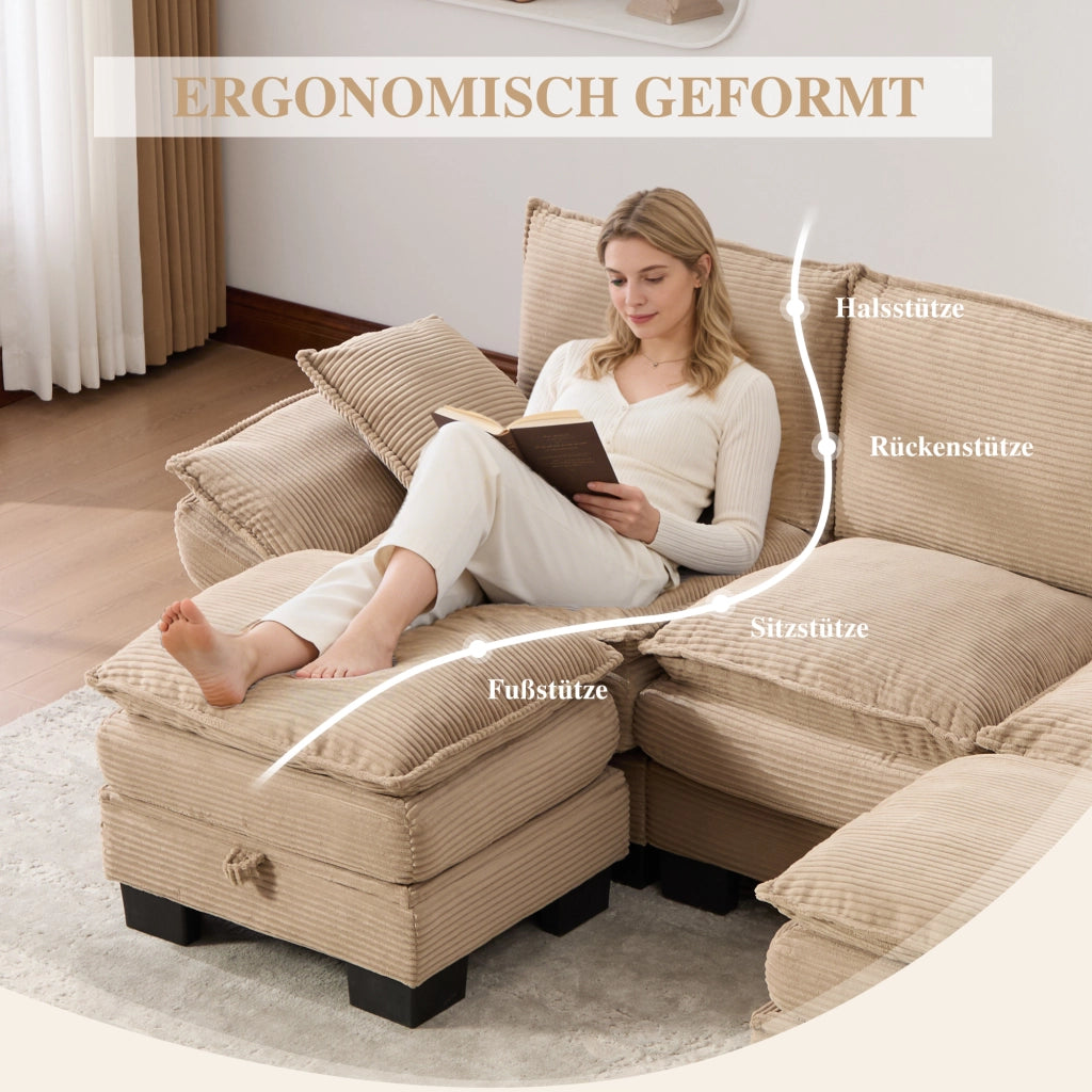 Divano modulare 3 posti con 2 pouf e porta USB-C tasche laterali cuscini spessi ergonomico in tessuto corduroy kaki