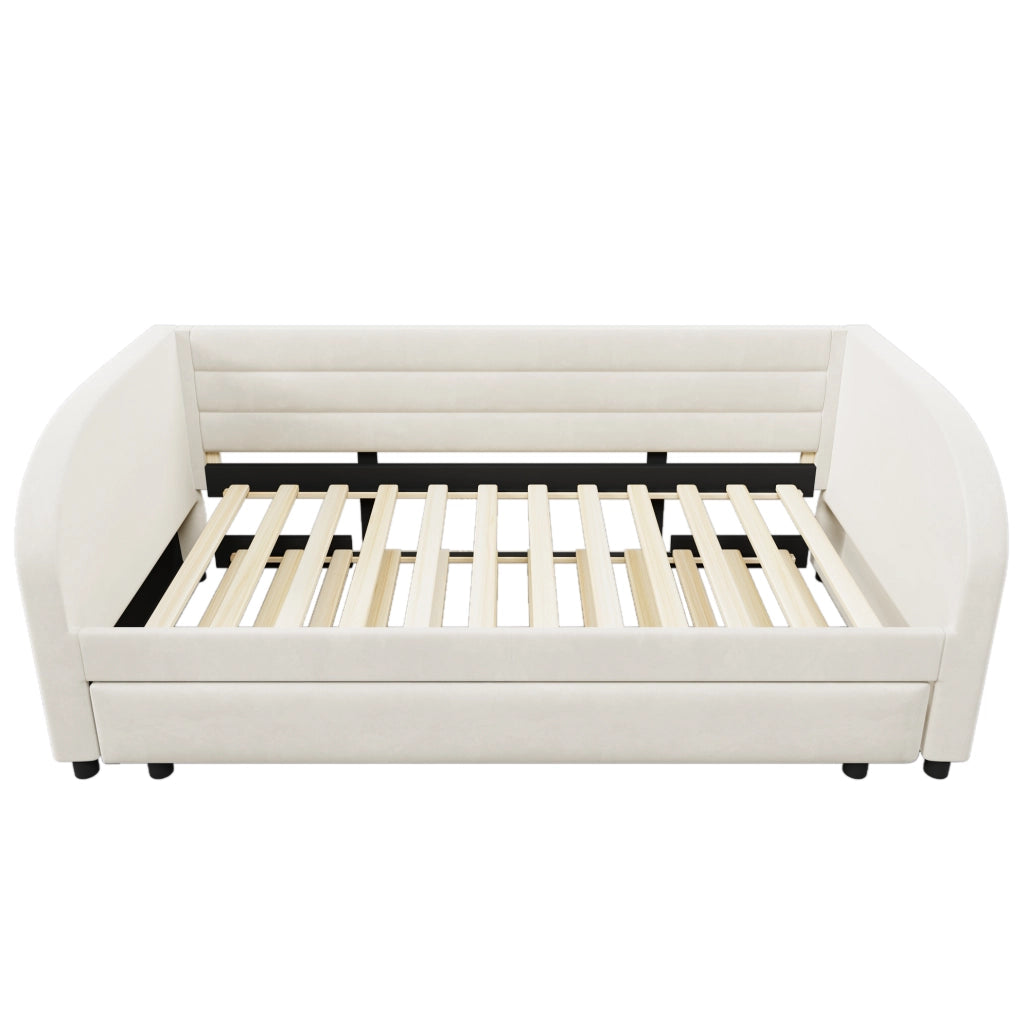 Letto imbottito ULEVR 90x200 cm con letto estraibile e illuminazione LED multicolore, beige