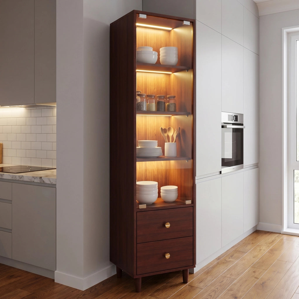 Vetrina con LED e porta in vetro, 4 ripiani e 2 cassetti, per soggiorno, in MDF e vetro, marrone, 40 × 35 × 165 cm