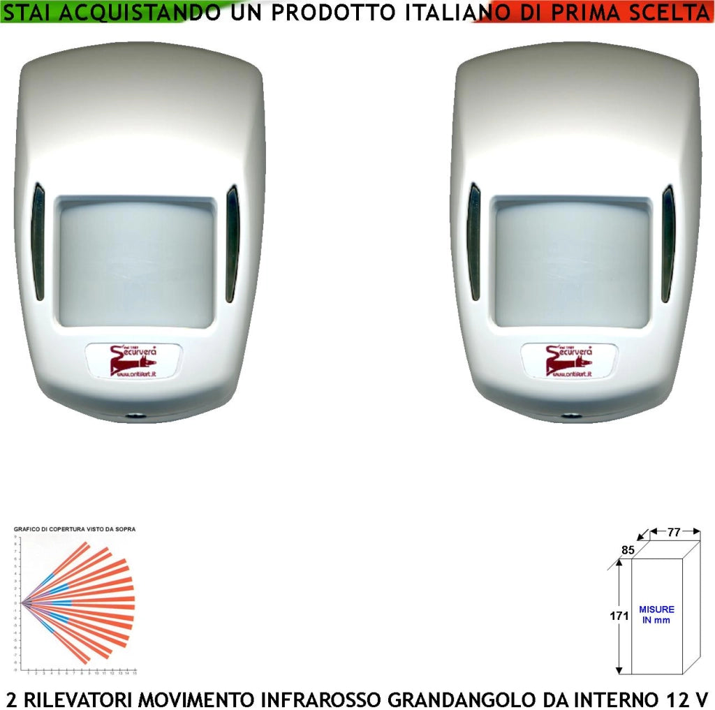 Rilevatore di Movimento Infrarosso Passivo Grandangolo Portata 15 MT 2 Pezzi da Interno Entro 90 Gradi Rileva Intruso da Allarme Alim. 12 V Assorb. 10 mA Lente 18 Fasci Infrarossi ABS Bianco con Snodo