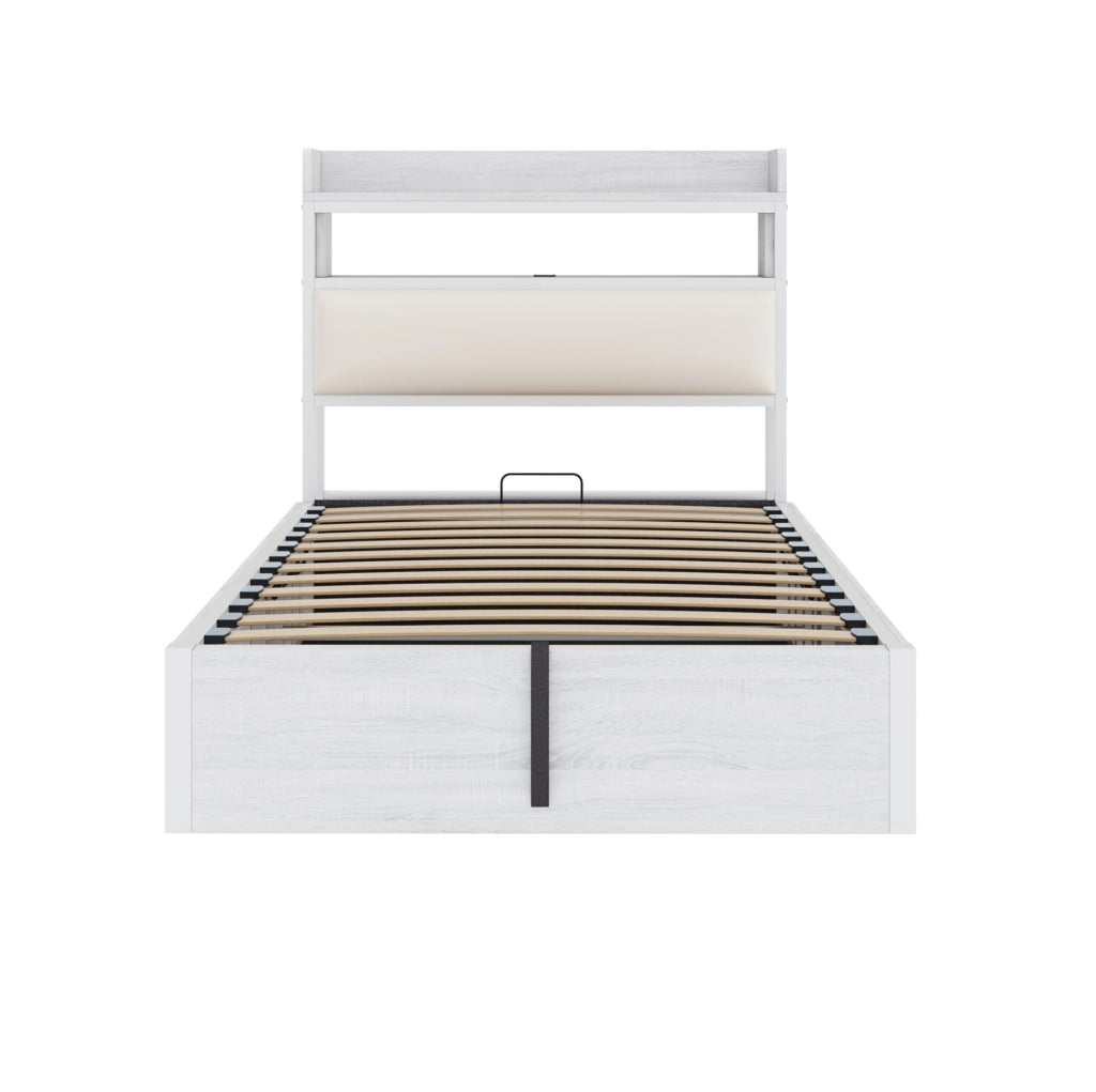 Letto 90x200 cm con contenitore idraulico e USB; testiera con vano in metallo; legno e tessuto bianco