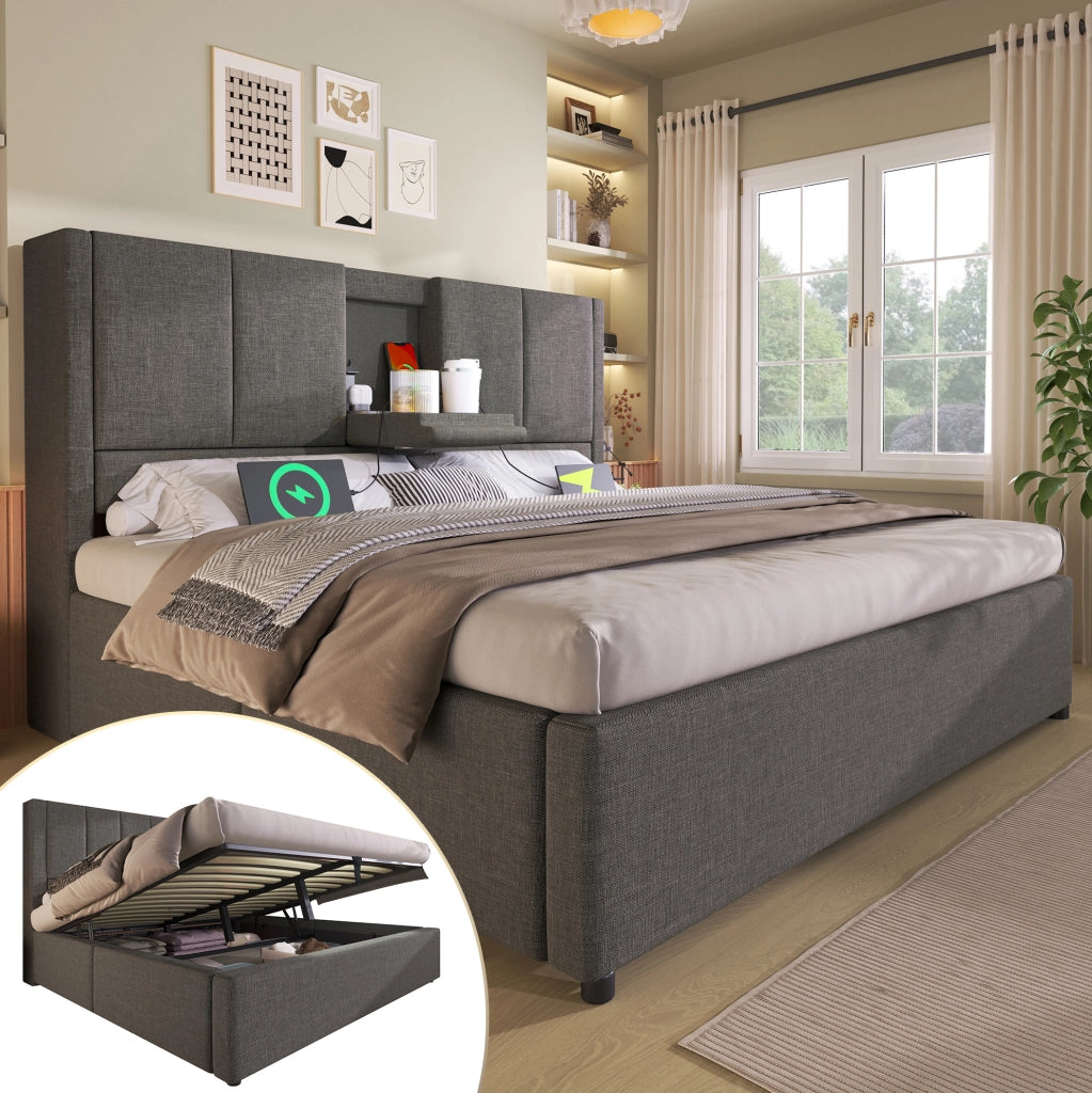 Letto imbottito 140x200 cm con vano contenitore e USB-C