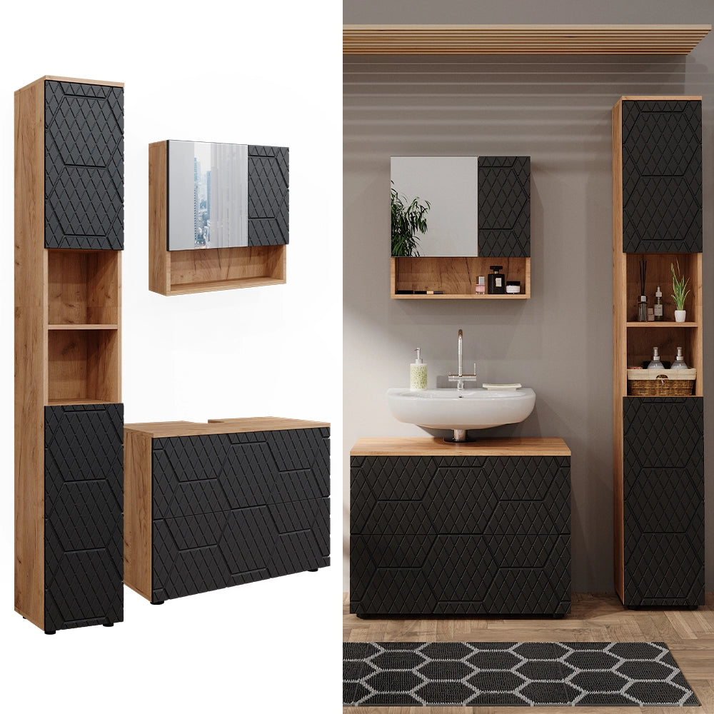 Vicco Set mobili bagno Antracite con struttura a nido d'ape 3 pezzi, con cassettiera e colonna