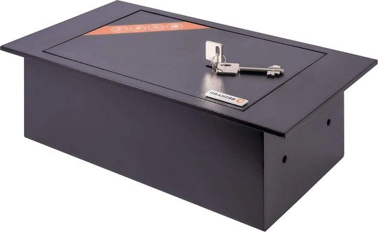 Sistema di fissaggio per pavimento con chiusura a chiave - Cassetto da infilare piano 4L sicuro con apertura automatica - Dimensioni esterne 13x39x21 cm - Chiusa in acciaio resistente