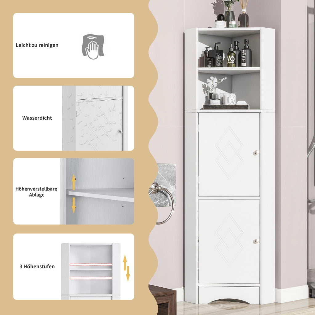 Mobile angolare per bagno con 2 ripiani regolabili, 36,5 x 36,5 x 155 cm, bianco