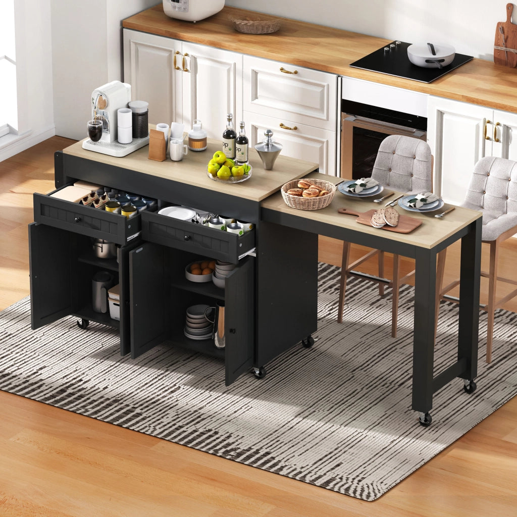 Isola da Cucina con Piano Estensibile; 1 Cassetto e 7 Ruote; in MDF; 112-180;5x45x92;2 cm; Nero Naturale