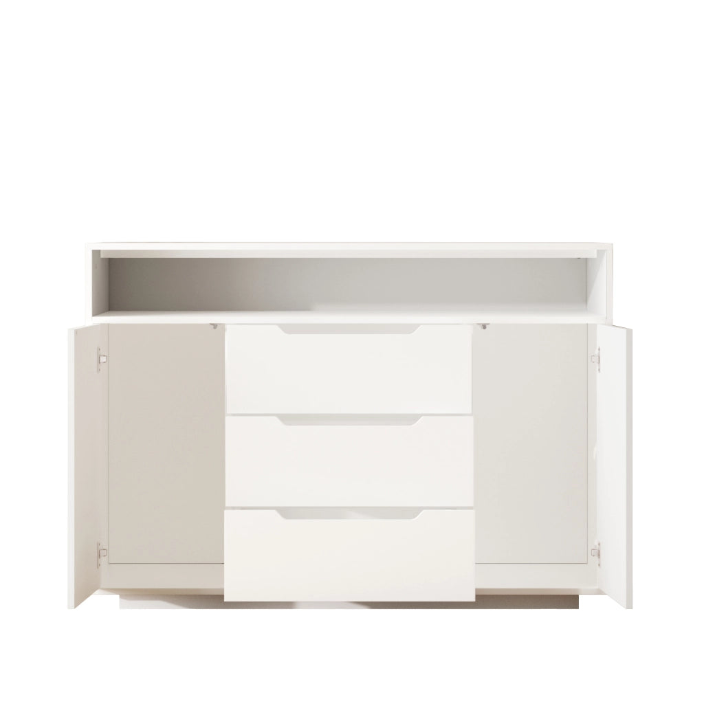 Credenza moderna bianca con ripiani aperti, 3 cassetti e vani con ante, con luce LED integrata