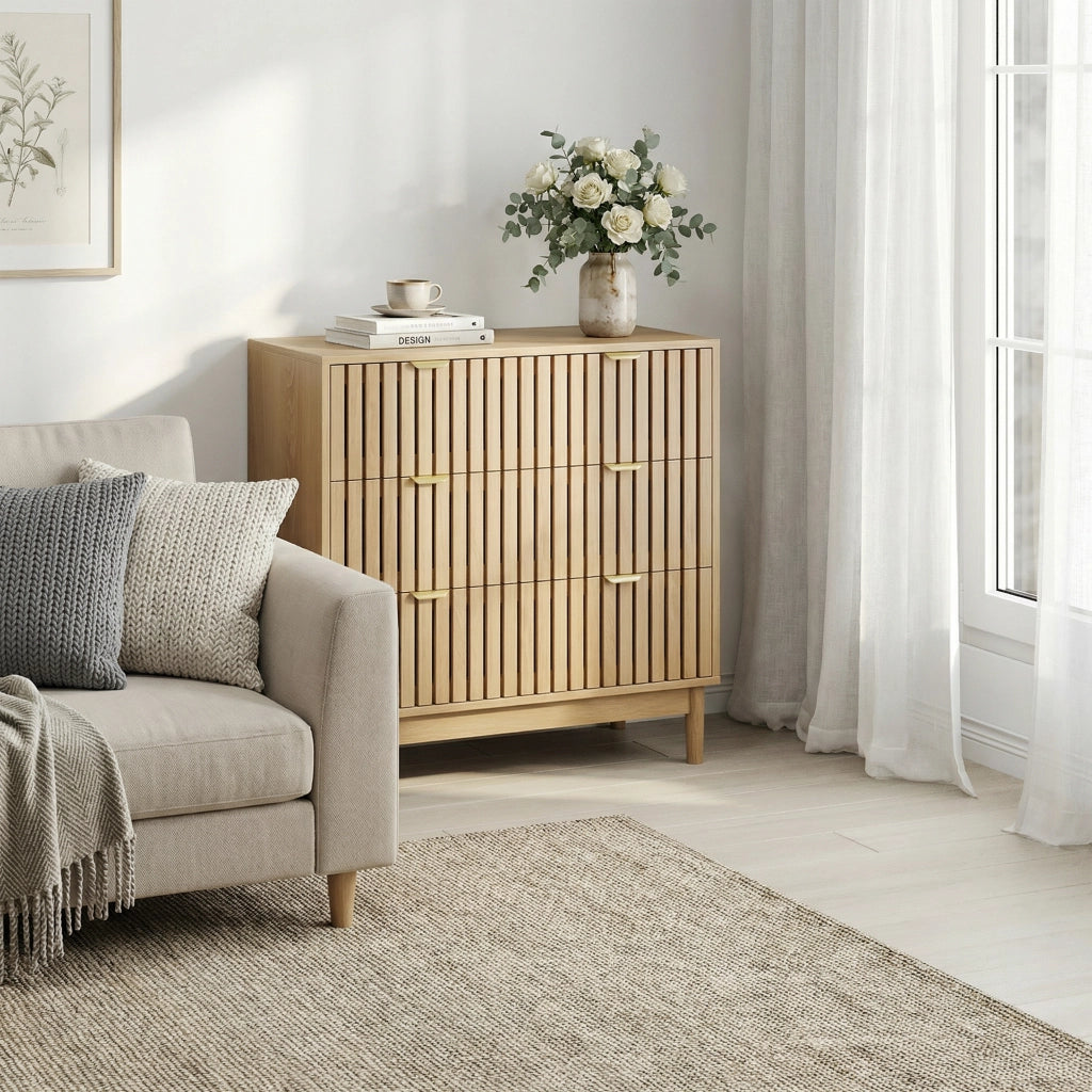 Credenza moderna in stile retrò con 3 cassetti, finitura rovere, per soggiorno, camera da letto e ingresso