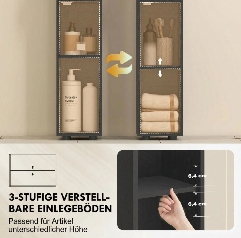 Mobile bagno nero 180x20x20 cm con ripiani aperti, 2 armadietti e cassetto