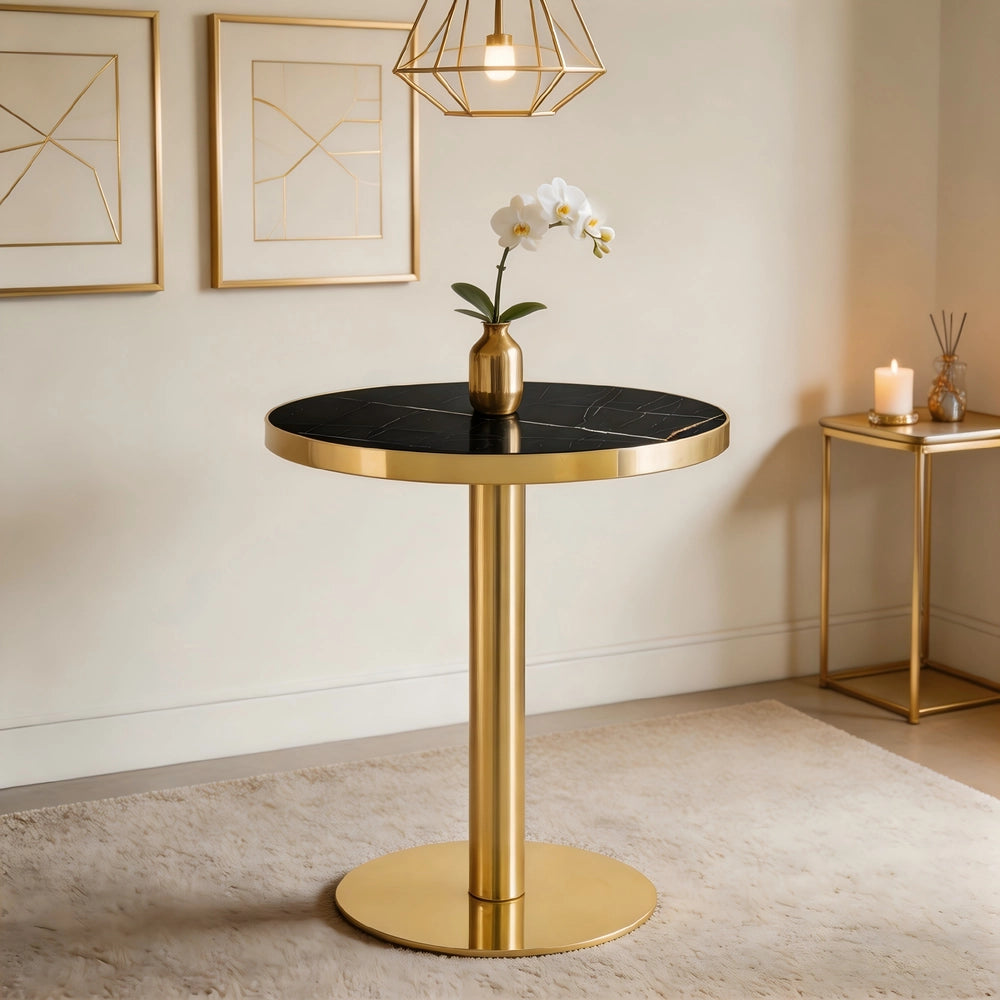 Tavolino Rotondo da Salotto ¨C MINIMAL ¨C Effetto Marmo, Struttura in Acciaio Dorato